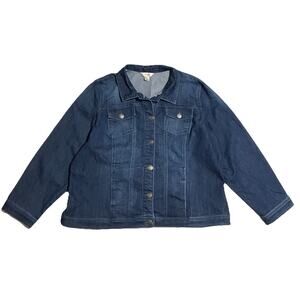 Womens CJ Banks Denim Blue Jean Jacket Long Sleeves Chest Pockets Stretchy 1X